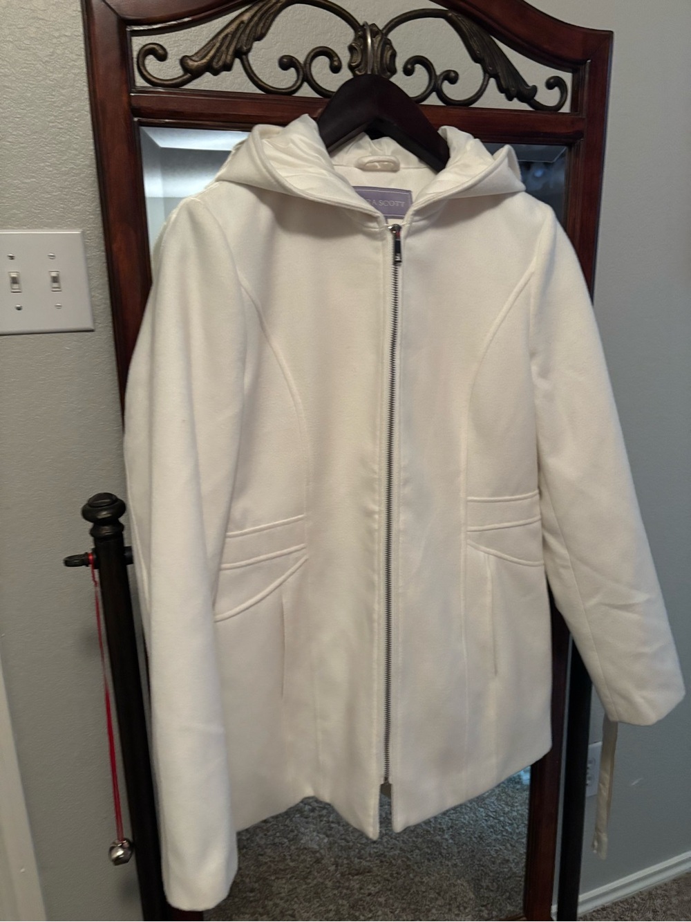 Laura Scott Women's M White Hooded Zip Front Lined Mid-Length Jacket w/ Pockets